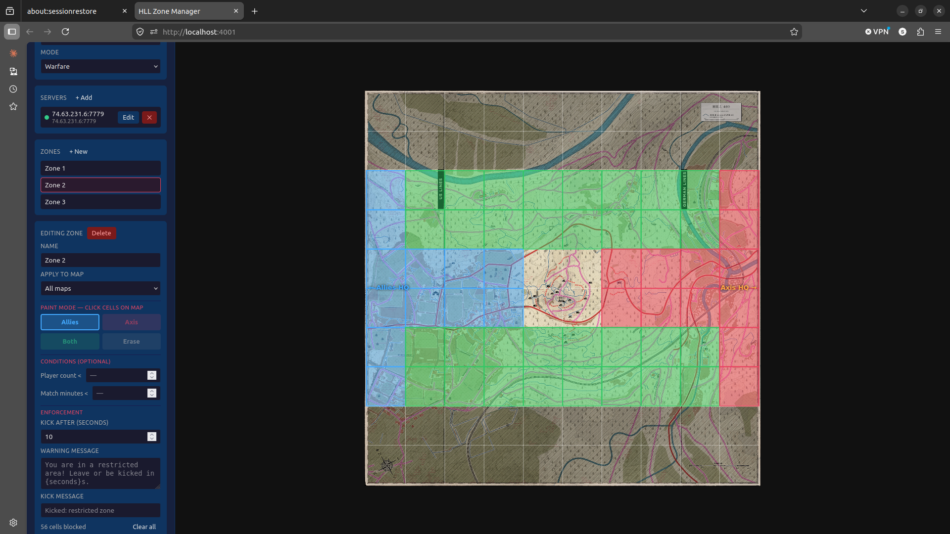 Zone Manager — HLL tactical map with painted zone overlays and enforcement configuration panel